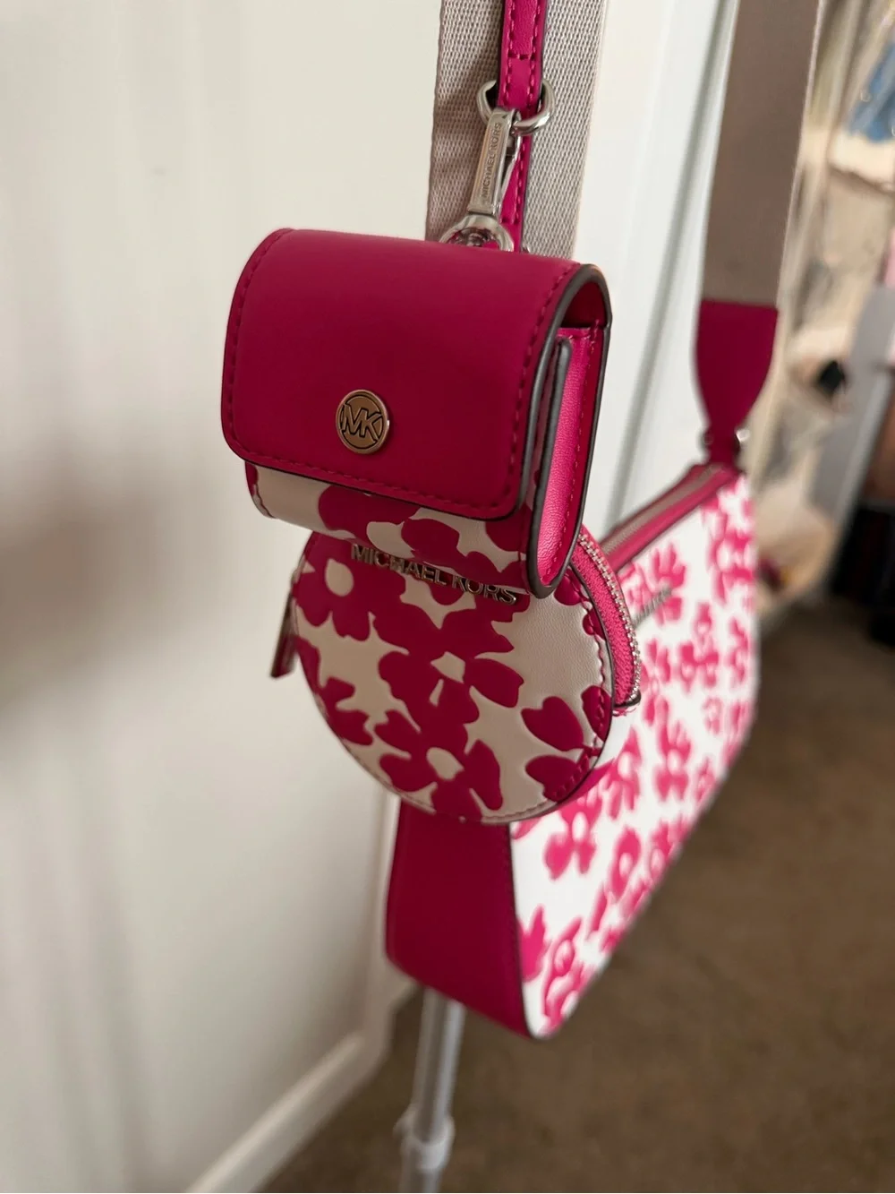Michael Kors Dragonfruit Floral Print Crossbody Bag Coin Bag& Apple AirPods Case
